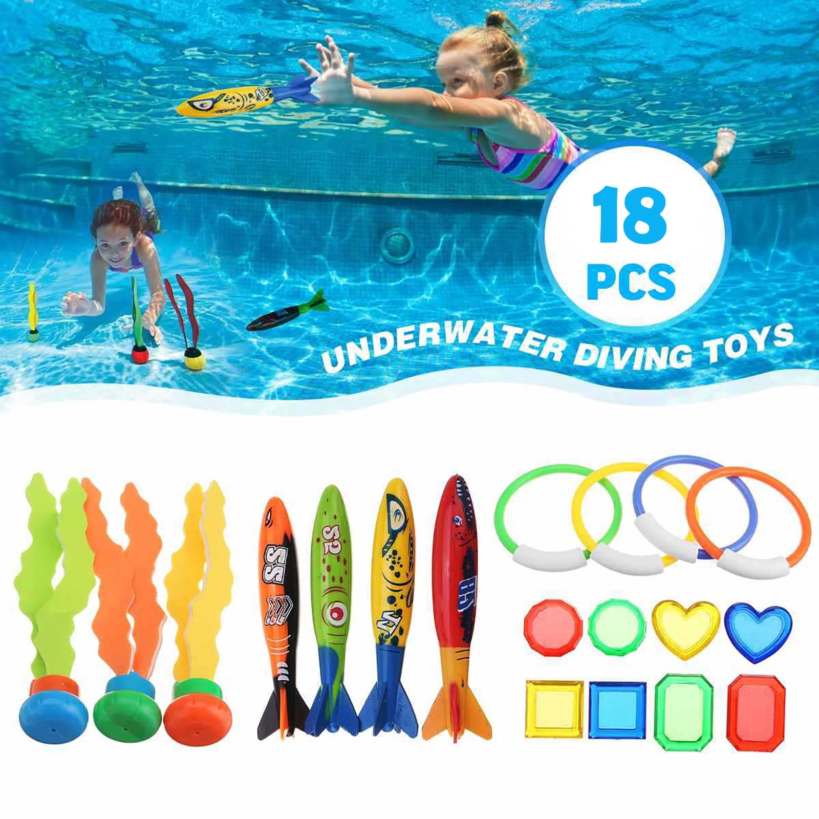 Monthlove Kid Dive Toys Pool Toys Underwater Swimming Toys Diving Torpedos Diving Rings Diving Gems Diving Sticks Diving Fish Puffer Fish with Under Water Treasures Gift Set 28PCS, B1 