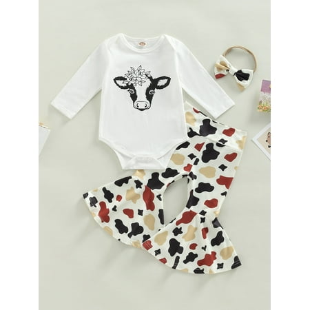 

Baby Girl 3Pcs Bell Bottom Outfits Valentine s Day Top and Pants Set Heart Letter Print Romper Flare Pants Clothes (White Cow Head 6-12 Months)