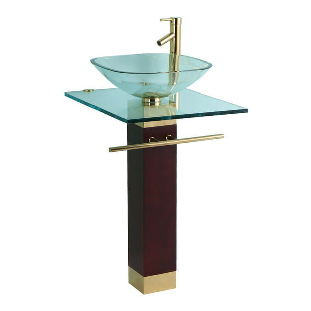 Bohemia 23 5/8" Glass Pedestal Bathroom Sink Gold Brass Accents with Towel Bar Faucet and Drain
