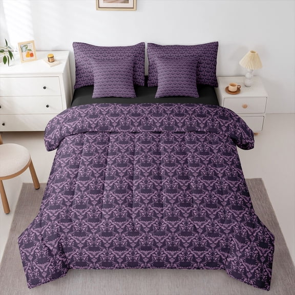 Feelyou Purple Hipple Damask Twin Bedding Sets 7pcs, Boho Butterfly Animal Comforter Set