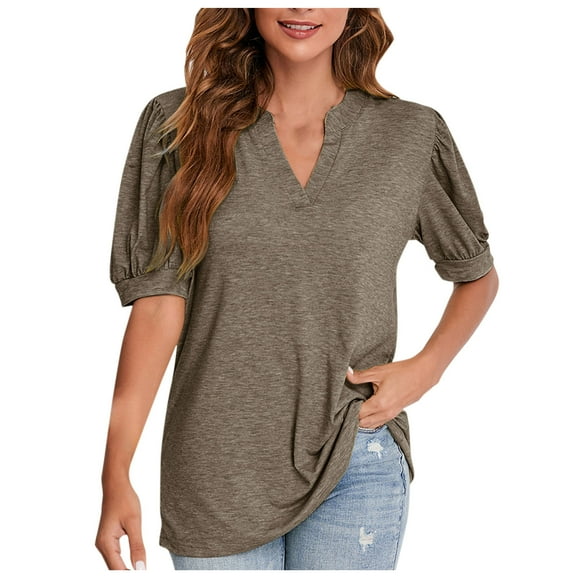 Womens Tops Plus Size Women's Solid V-neck Solid Bubble Sleeve Loose T-shirt Women's Top Short Sleeve V-neck Top/Shirt