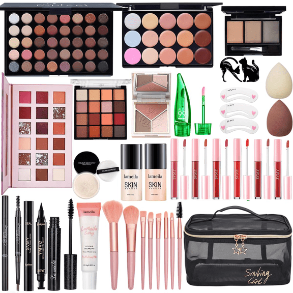 All-in-One Makeup Kit for Women – Complete Makeup Set with Foundation,Primer,Eyeshadow,Lipstick,Eyeliner,Mascara,Brushes & Travel Bag – Makeup Essentials Bundle