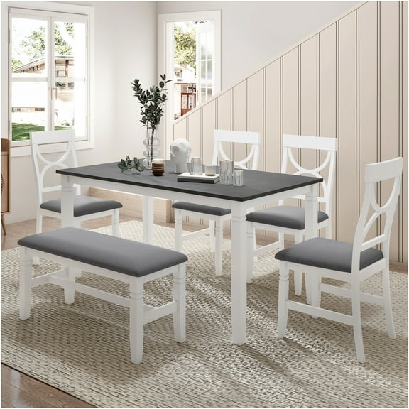 JERFIT 6-Piece Farmhouse Dining Set with Upholstered Bench and Chairs, Rubberwood Kitchen Table Set in White and Gray