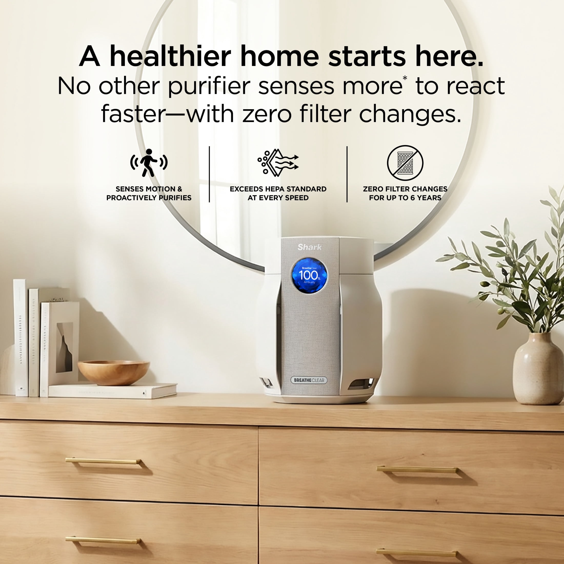 Shark BreatheClear Compact Pro with NeverChange 300 Sq Ft Intelligent Air Purifier, HEPA-Exceeding Filter, Zero Filter Changes For Up To 6 Years, HP062YL Butter