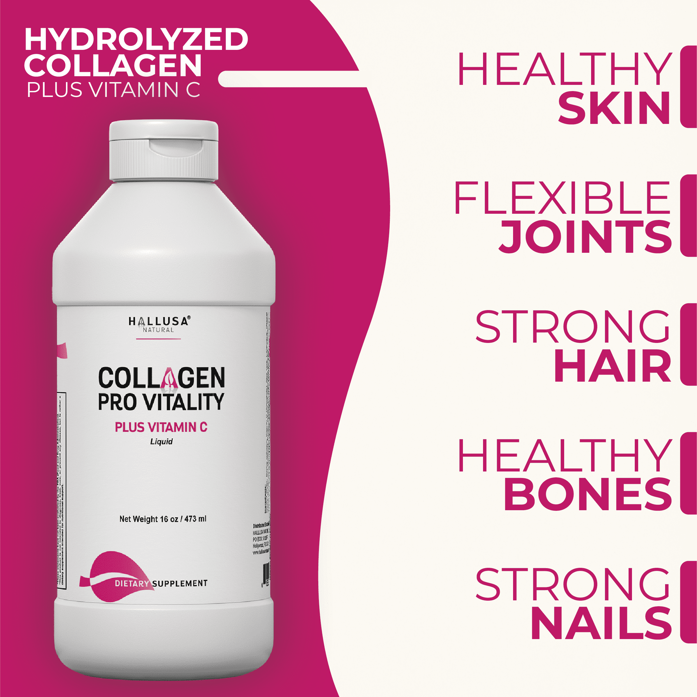 HALLUSA NATURAL Collagen Supplements with Vitamin C, Liquid Hydrolyzed Collagen 16oz for Hair, Skin, Nails, Bone & Joint Support