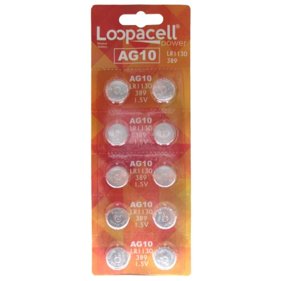 10 Pack LOOPACELL AG10 Alkaline Watch Batteries - LR1130, SR1130W, 389, 189