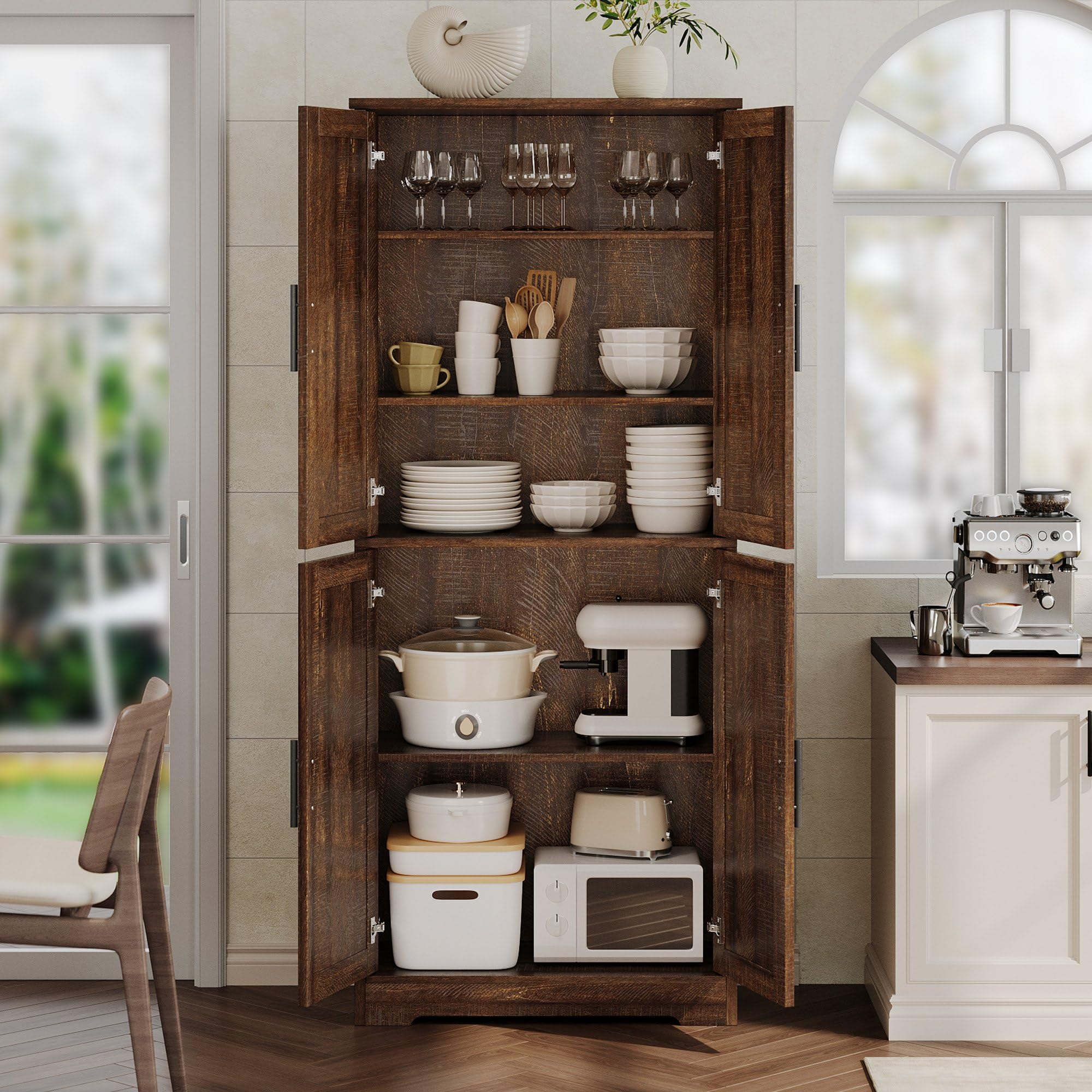 BouPower Pantry Cabinet,70" Tall Kitchen Pantry Cabinet with 2 Doors and 3 Adjustable Shelves, Freestanding Cupboard, Modern Tall Storage Cabinet for Bathroom, Dining Room, Living Room