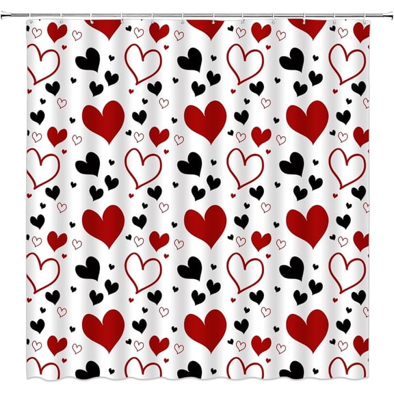 Valentine''s Day Shower Curtain Red Black Heart Modern Women Romantic Fabric Curtain with Hooks for Bathroom Decor,70x70 Inch