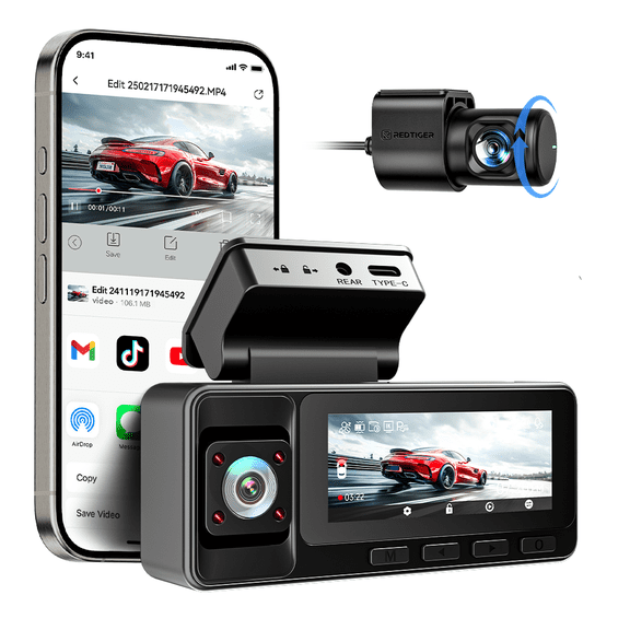 REDTIGER A3 Dash Camera, 3 Channel, 2.5K Front 1080P Dash Cam Front and Rear and Inside, WiFi Car Security Camera, WDR Night Vision, 24H Parking Monitor