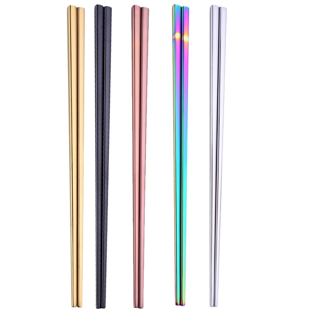 5 pares de palillos cuadrados de 21 cm de acero inoxidable 304, reutilizables y antideslizantes para sushi (chapados en colores, negro, oro rosa, dorado y natural).