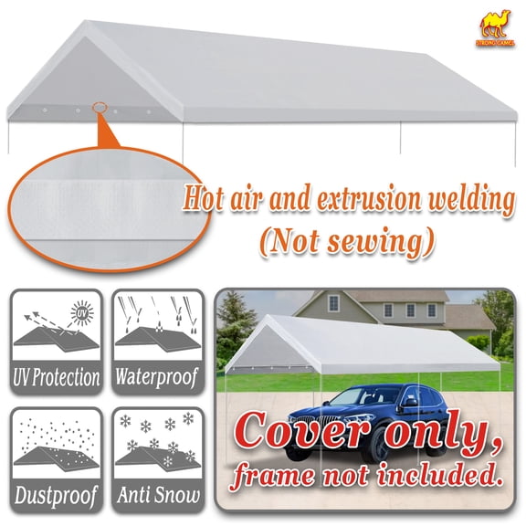 SUNNY 10x20 ft Carport Replacement Canopy Garage Top Cover Tent Shelter Tarp with Ball Bungee Cords, Canopy ONLY (w/Edge)