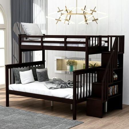 Royard Oaktree Twin-Over-Full Bunk Bed with Storage Stairway and Guard Rail Wood Bunk Bed Frame with Headboard and Footboard, Wood Slats, No Box Spring Needed, Espresso