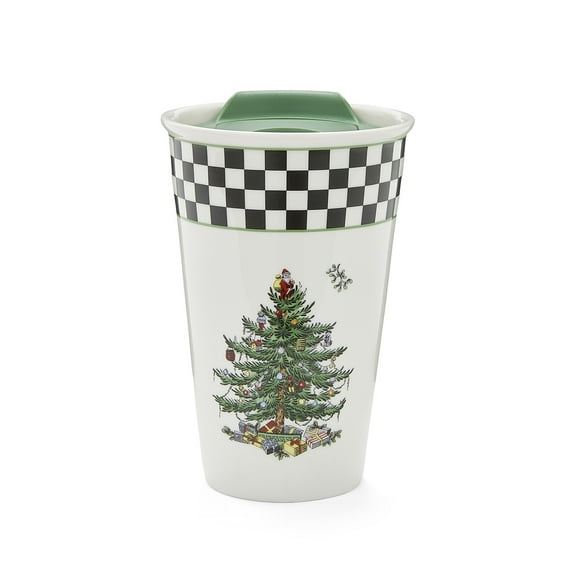 Spode Christmas Tree Black & White Travel Mug, 8 oz - Porcelain Holiday Mug with Christmas Tree Motif & Checker Border - Wide Mouth Opening, Slide Lid - Dishwasher & Microwave Safe