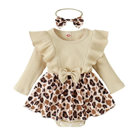 

Romper for Baby Boy Bee Outfit Baby Girl Girls Long Sleeve Ribbed Leopard Printed Ruffles Romper Bodysuits Headbands Set Toddler Girl Bodysuit 2t