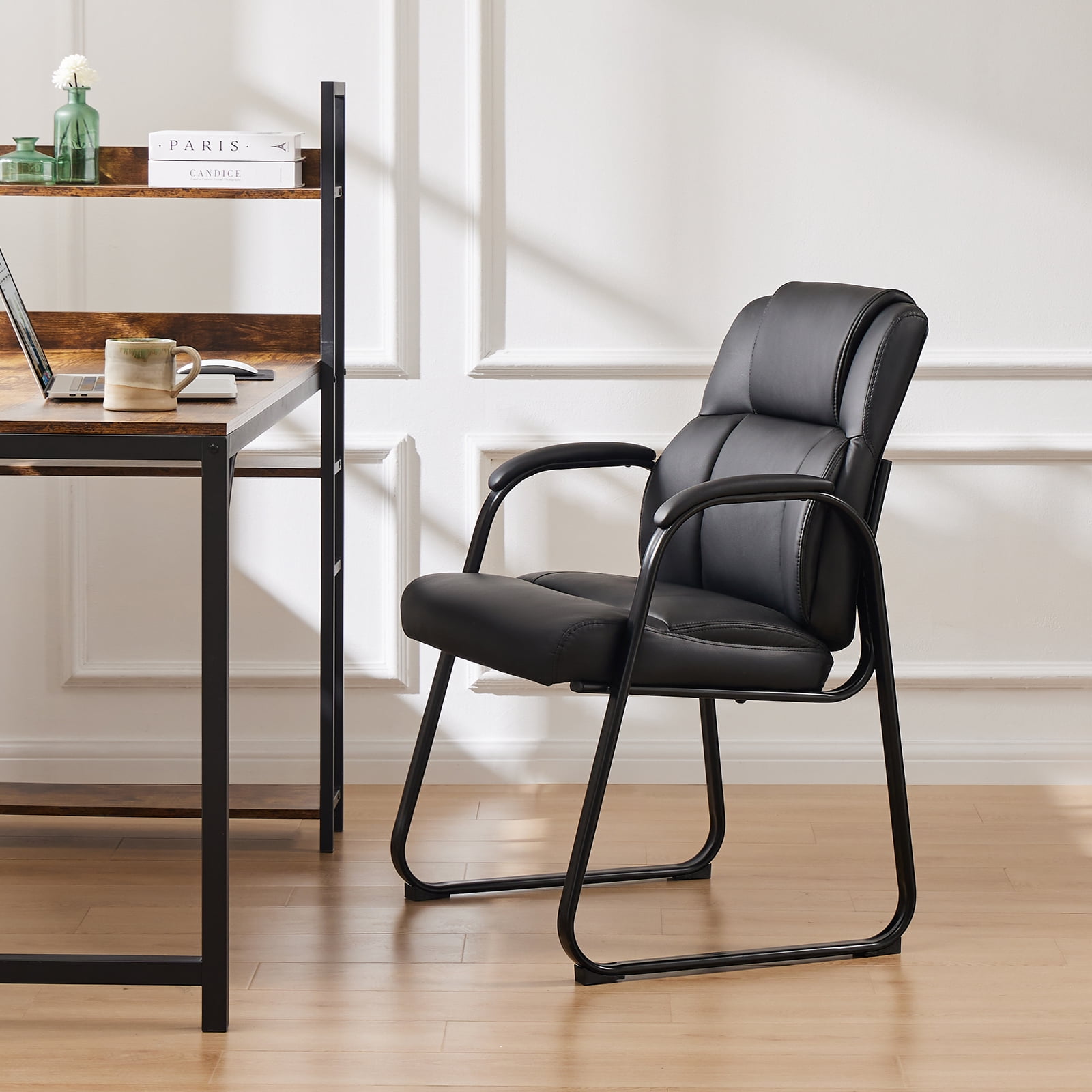MAYEERTY Guest Chair, Reception Chair with Fixed PU Leather Padded Armrests for Office Waiting Room, Black, 1 Pack