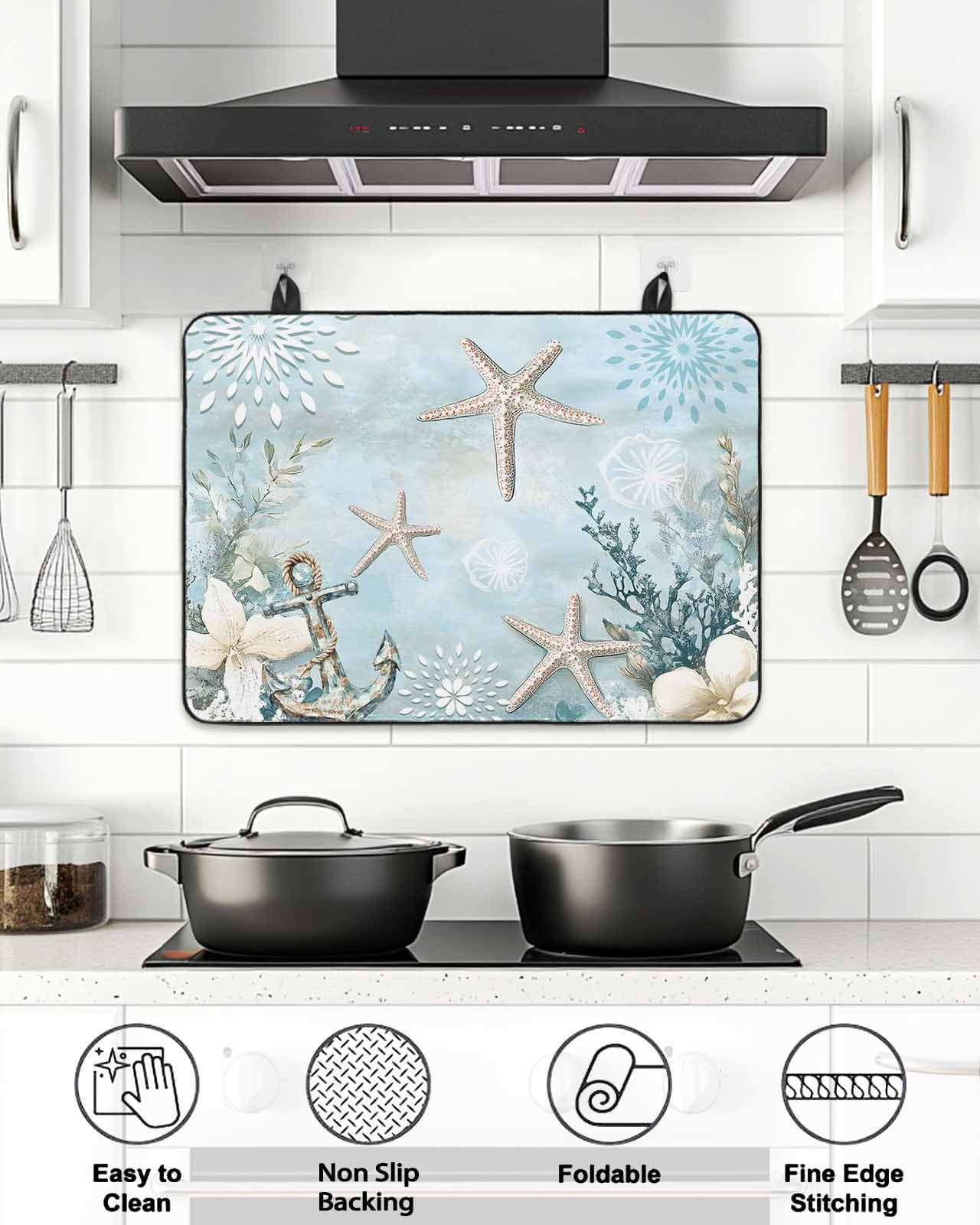 Stove Top Covers for Electric Stove, Teal Ocean Coastal Glass Stovetop Cover Protector, Summer Beach Nautical Coral Starfish Induction Cooktop Protector Oven Mat for Kitchen Countertop 24"x21"