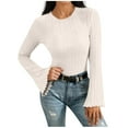 thumbnail image 2 of Daiosportswear Chandails à Manches Longues Côtelés pour Femmes, Hauts Ajustés à Col Rond en Coton, Tricot Extensible, Couche de Base Décontractée, T-Shirts de Base Beige G(L), 2 of 5