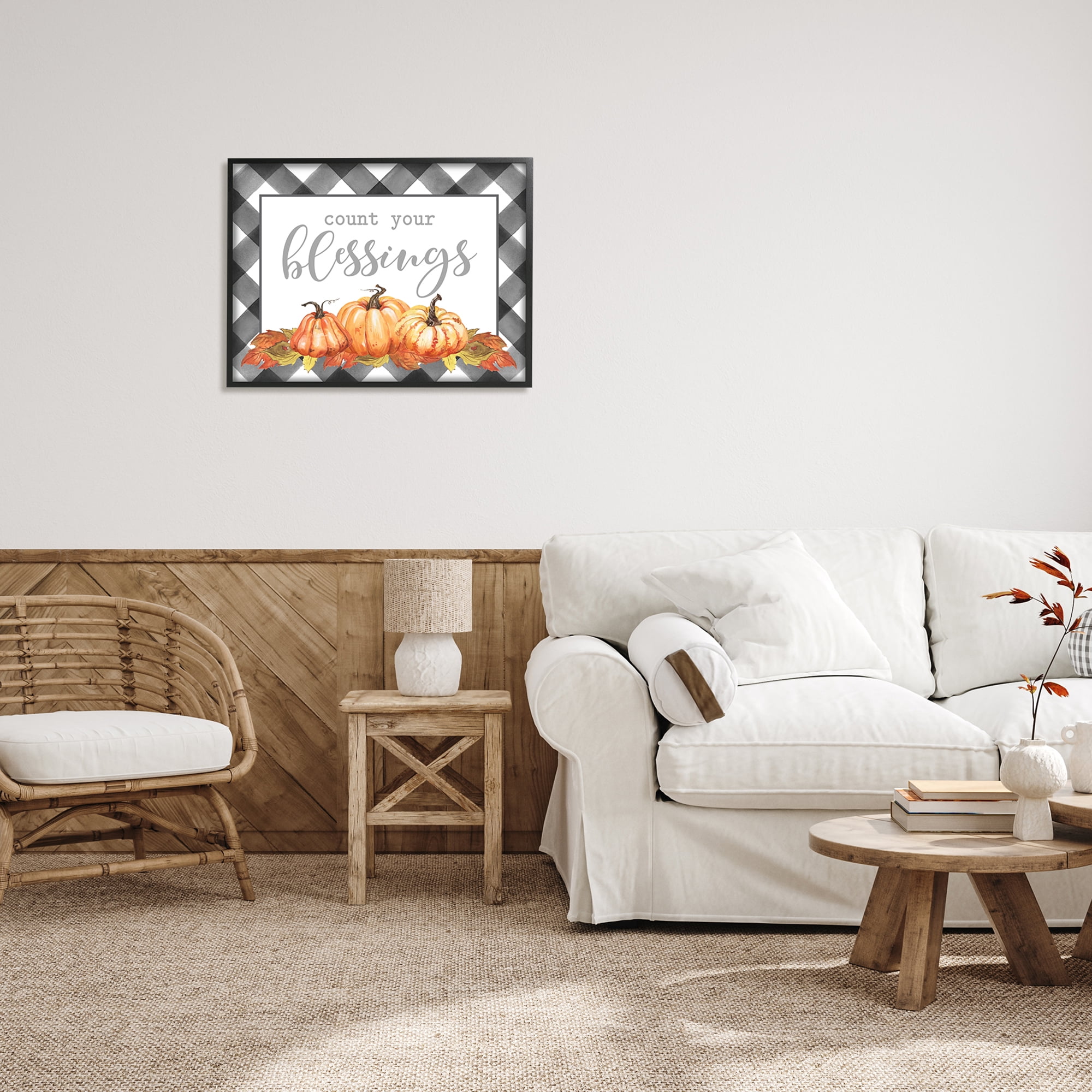 Count Your Blessings Autumn Sentiment Tartan Pumpkin Pattern Botanical & Floral Graphic Art Framed Art Print Wall Art