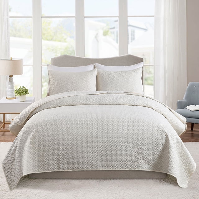 JML Quilt Set 3 Piece Microfiber Coverlet Shams Set, Soft Lightweight King, Cream