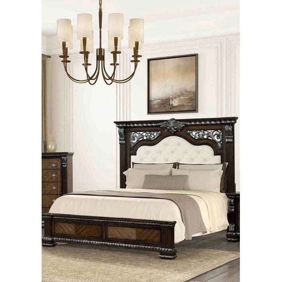 Traditional Style Queen Size 1pc Bed Set Upholostered Diamond Button Tufted Headboard Silver Brushed Details Ornate Molding Espresso Finish
