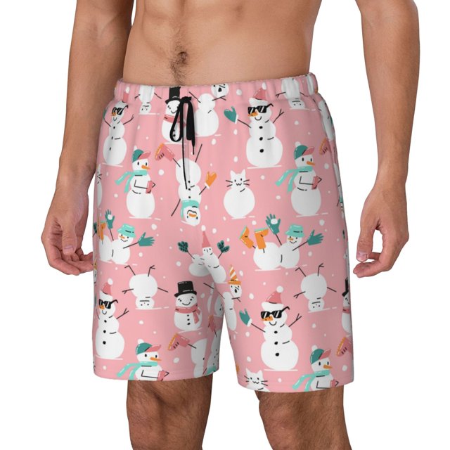Fotbe Cute Pink Snowman Cat Traje de Baño para Hombre – Shorts de Natación de Secado Rápido con Forro y Bolsillos-Medium