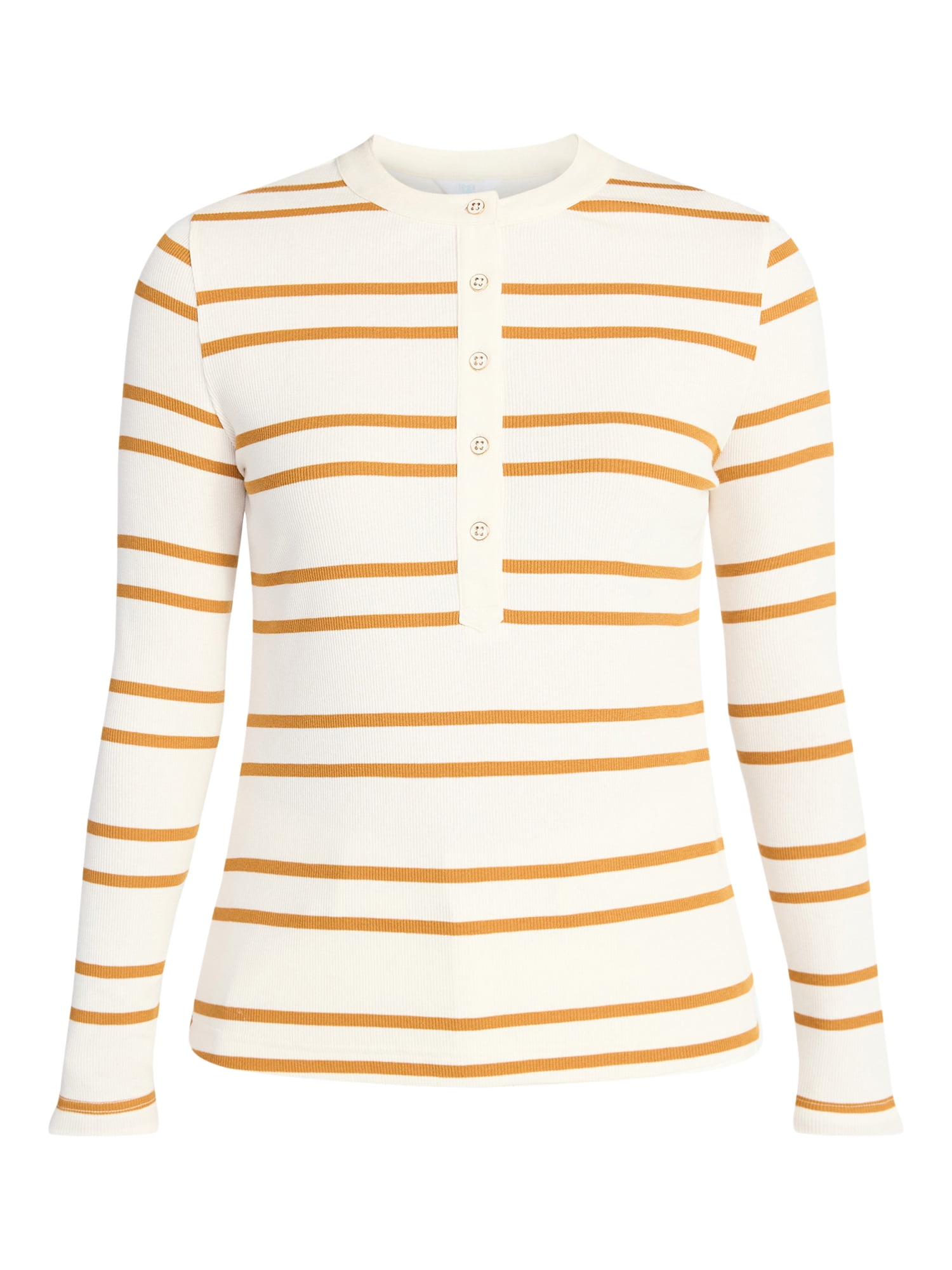 Time and Tru Women's Striped Henley with Long Sleeves, Sizes XS-XXXL