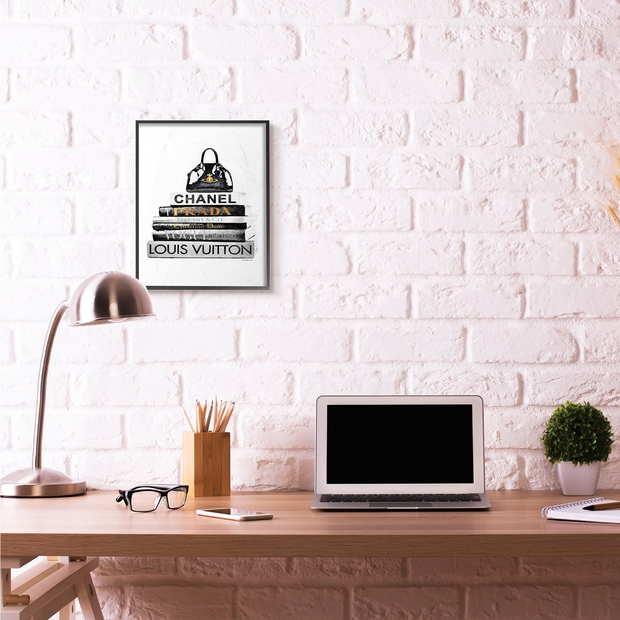Stupell Industries Fashion Designer Purse Bookstack Black And White Watercolor Framed Wall Art by Amanda Greenwood