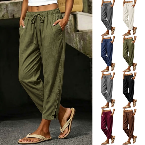 Oksale Womens Petite Linen Pants with Pockets Casual Drawstring Elastic Waisted Ankle Pants Lightweight Loose Straight Leg Cotton Pants Vacation Outfits Black M