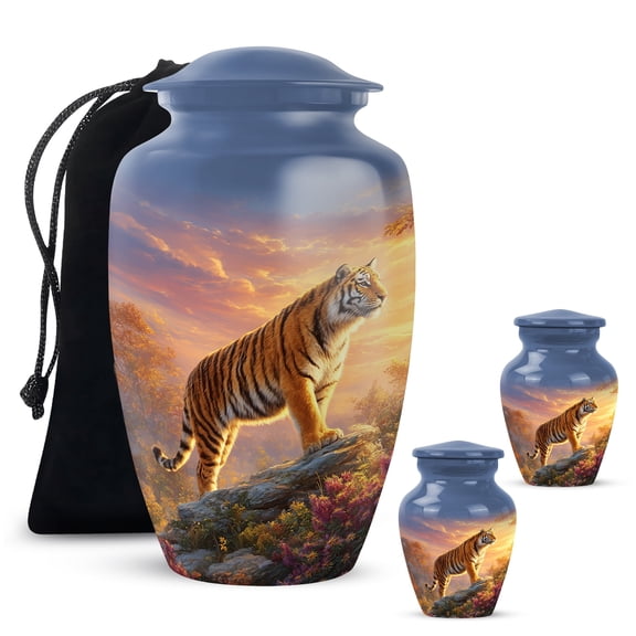 Yatskia Mountain Tiger with Flowers Large Cremation Urns for Human Ashes Adult Male and Female, Mini Memorial Urn for Ashes Adult Mom, (Classic 10 Inch and 3 Inch)