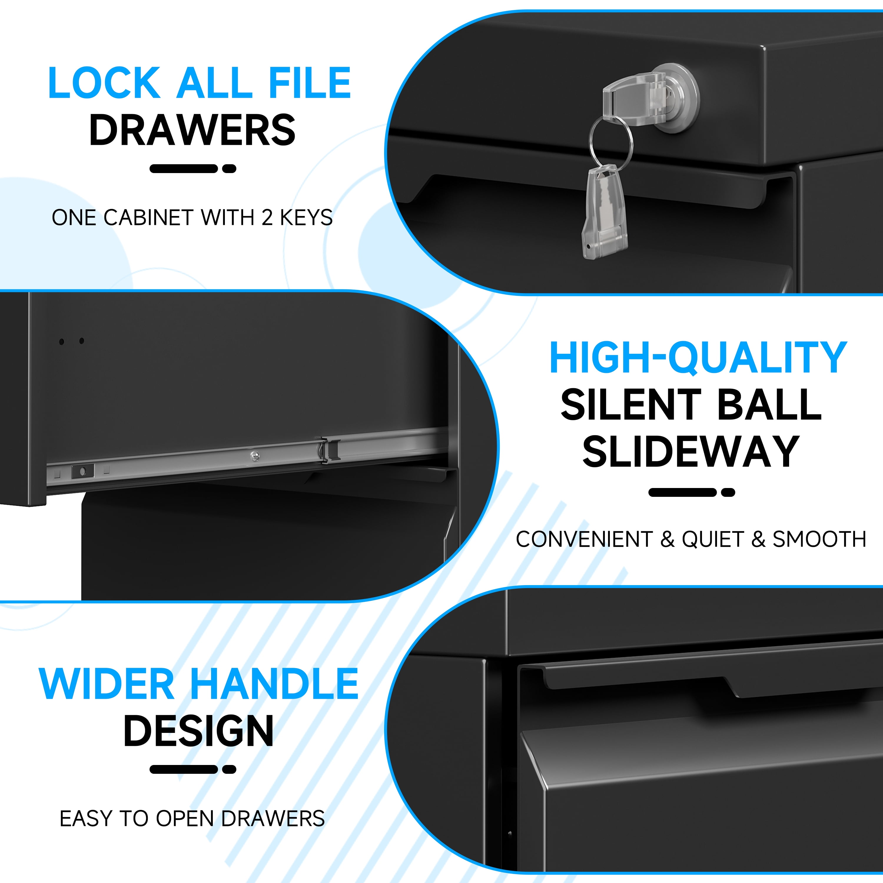Bestoo 3 Drawer Mobile File Cabinet, Metal Lockable Rolling File Cabinet for Home Office, Fit Letter/Legal/A4 Size (Black)