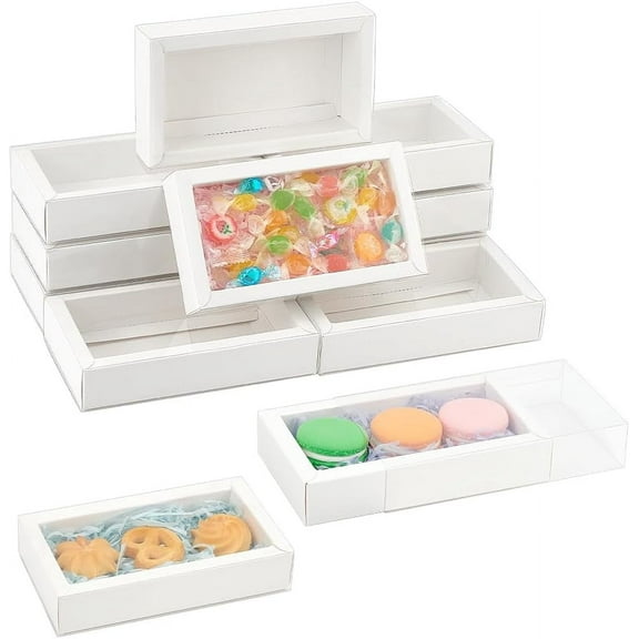 12 Pcs Rectangle Drawer Kraft Boxes 6.3x3.54x1.26 Inch Gift Packaging Case Foldable Paper Drawer Boxes with Clear Plastic Cover for DIY Party Favor Treats Candy and Jewelry Crafts White
