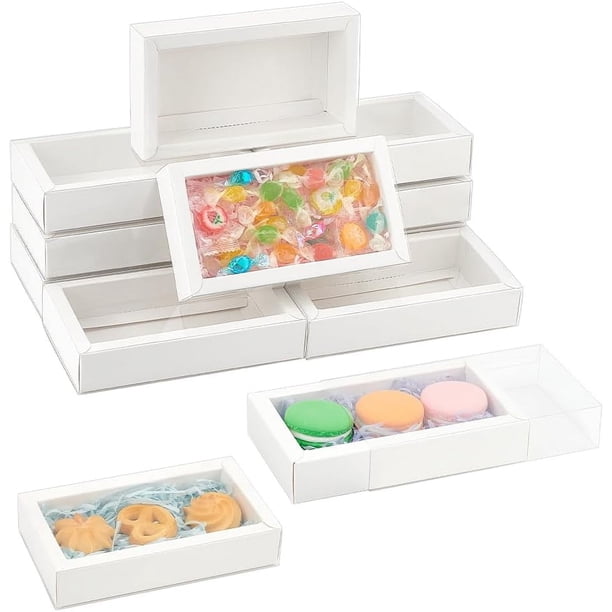 12 cajas rectangulares de cartón kraft con cajón, 16 x 9 x 3 cm, ideales para regalos. Cajas plegables de papel con tapa de plástico transparente.