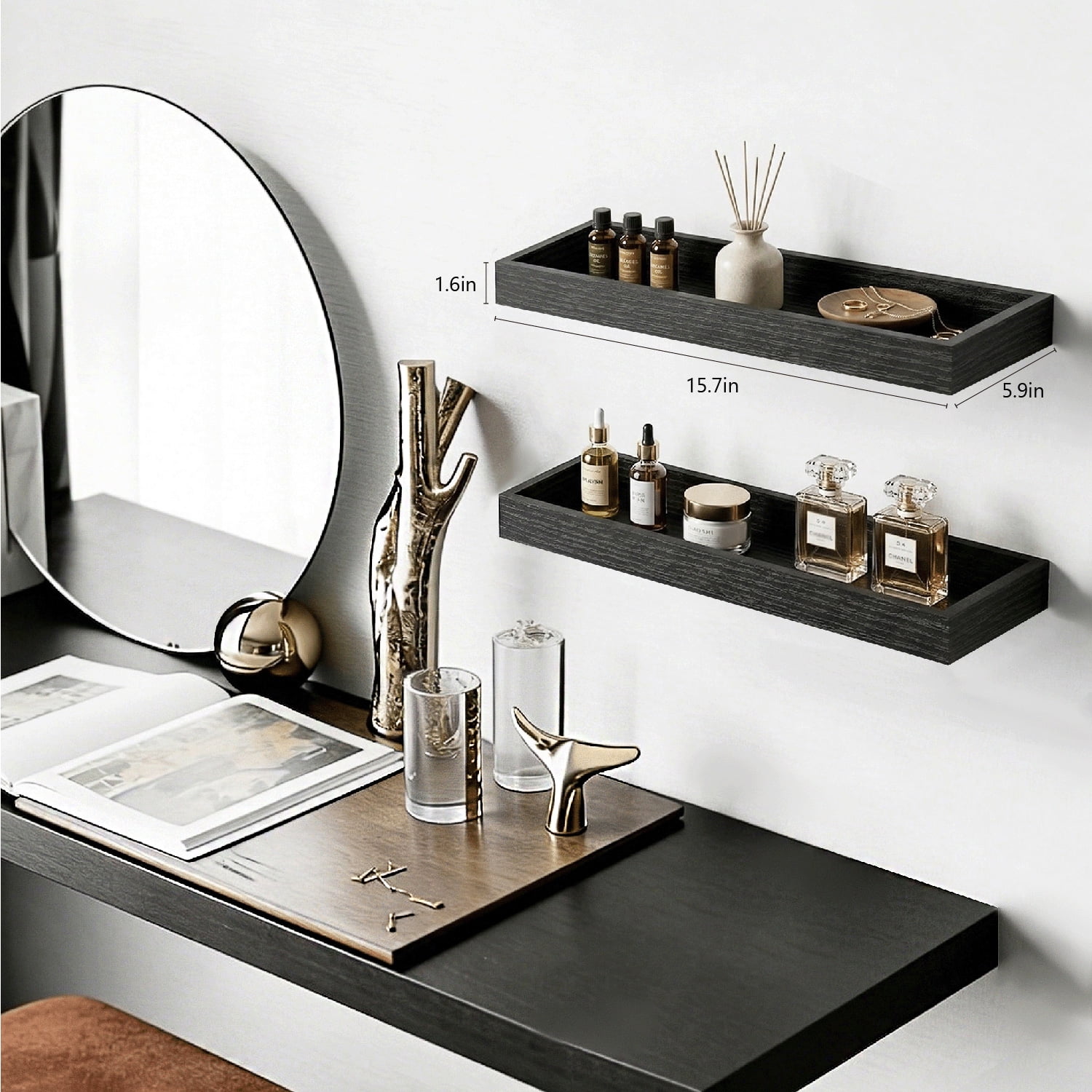 Mifurn 15.7" Floating Shelves for Wall, with Raised Lip, Set of 2, Black