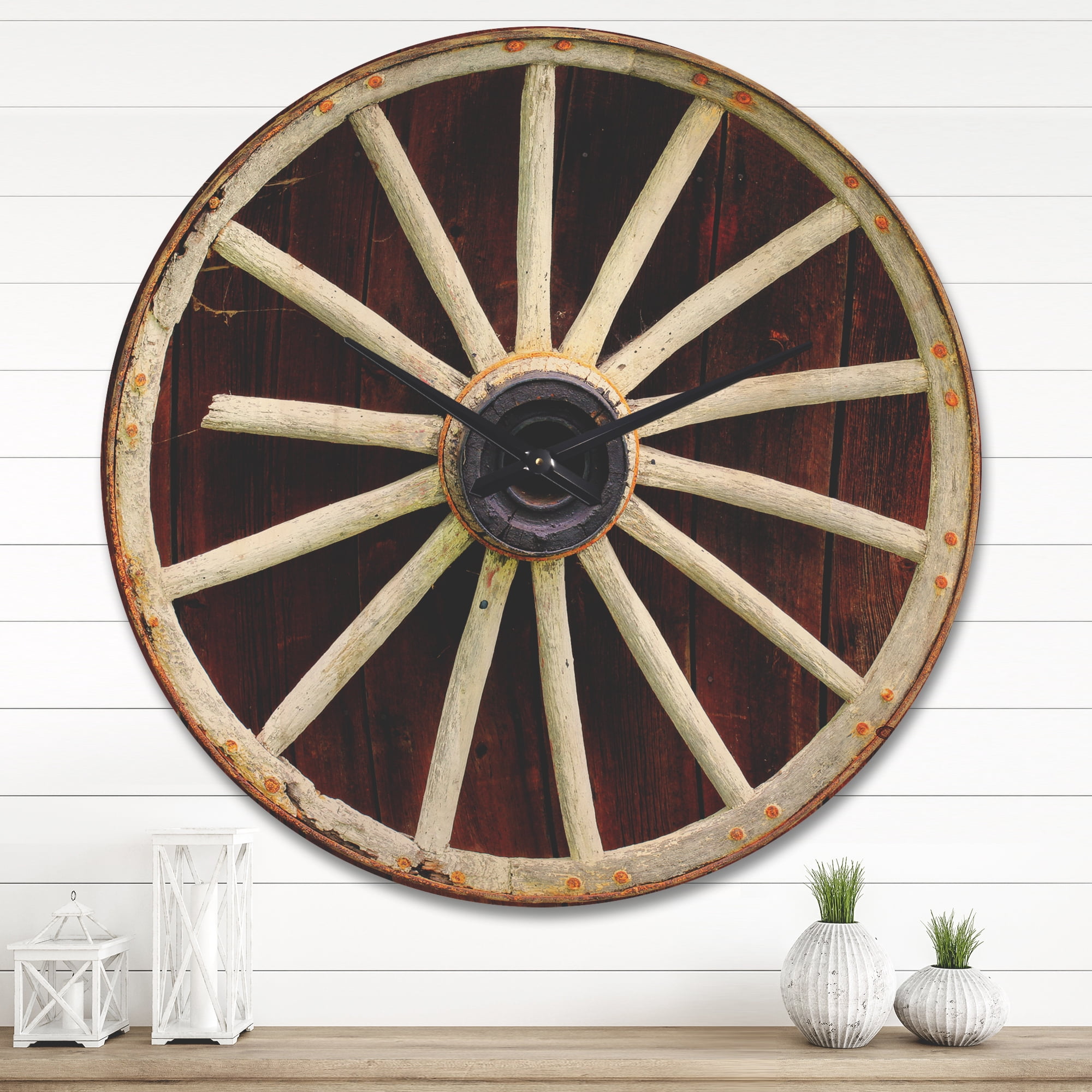 Designart 'Country Wagon Wheel on Wooden' Farmhouse Wood Wall Clock