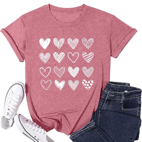 Valentina's Day Heart Graphic Tee Tops For Women Shirts Fashion Casual Round Neck Short Sleeve Gift Clothes for Her