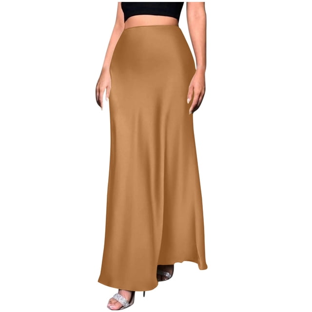 JMKQLZ Jupe Mode Femme Couleur Unie en Satin avec Fermeture Éclair Invisible Demi-Longueur