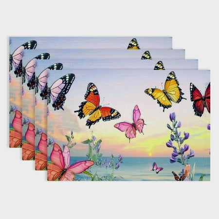 Pratyus Butterflies Ocean Flowers Linen Table Mats - Set of 4 Hard Paper Placemats for Dining Home Decor Heat Resistant 18x12in