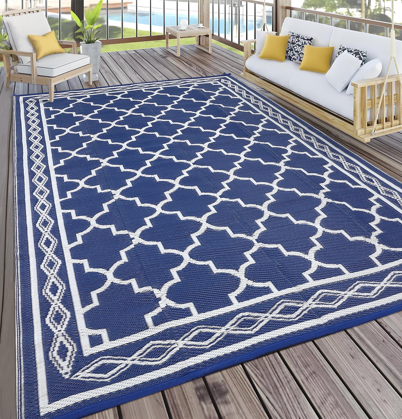 Garvee Outdoor Rug 8x10ft Waterproof for Patios, Reversible Plastic Straw Rug Camping Carpet Mats for RV, Picnic, Backyard, Deck, Balcony, Porch, Beach, Dark Blue & White