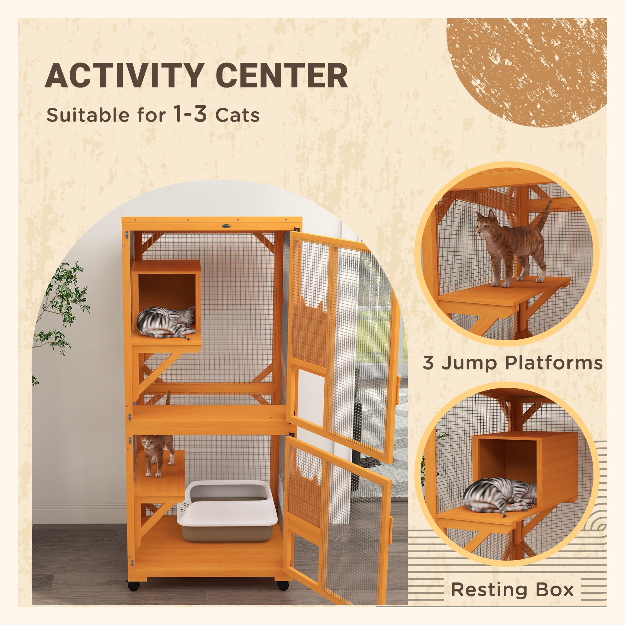 Large Cat House with High-Up Resting Box, 71" Wooden Catio with Asphalt Roof, Indoor & Outdoor Cat Enclosure on Wheels, for 1-3 Cats, Orange