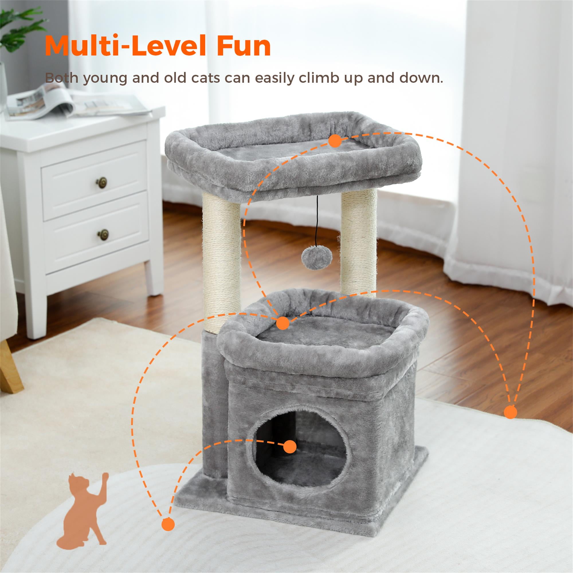 Pefilos 27" Cat Tree Tower for Indoor Cats with Private Cozy Cat Condo, Natural Sisal Scratching Posts and Plush Pom-pom for Small Cats, Gray Pefilos 27" Cat Tree Tower for Indoor Cats with Private Cozy Cat Condo, Natural Sisal Scratching Posts and Plush Pom-pom for Small Cats, Gray