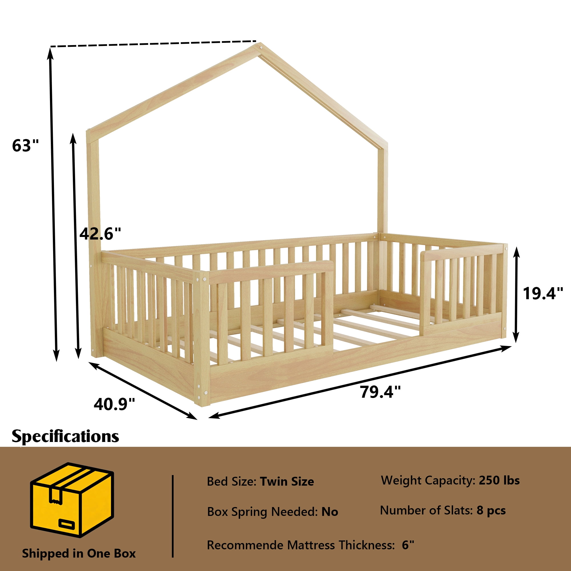 Mirightone Twin Floor Bed Frame with LED Light & High Guardrail, Pine Wood Montessori Bed Twin Size House Floor Bed, Slats Included (Natural)