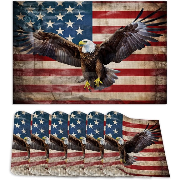 American Flag Eagle Place Mats Set of 6, Table Mats Heat Insulation Non Slip Washable Dining Placemats for Wedding Holiday Party Kitchen Decor 12X18 in