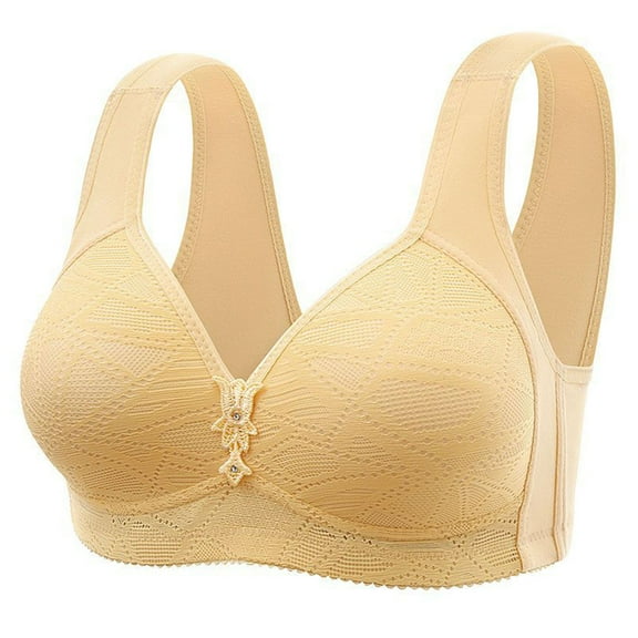 Amidoa Wire-Free Womens Bras Beige Large Bust Full-Figure Solid Wide Straps Bra Lingerie for Women L
