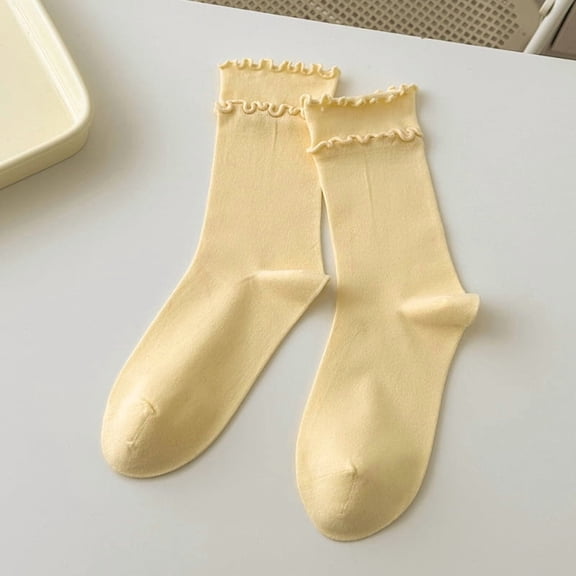 suxuMhao 3 Pairs Double Layered Ruffle Socks, Soft Cotton Calf-length Frilly Slouch Ruffle Turn-Cuff Crew Socks, Casual Spring Yellow Socks, One Size Fit Most for Daily Wear