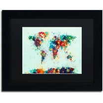 Trademark Fine Art "World Map Paint Splashes" Canvas Art by Michael Tompsett, Black Matte, Black Frame