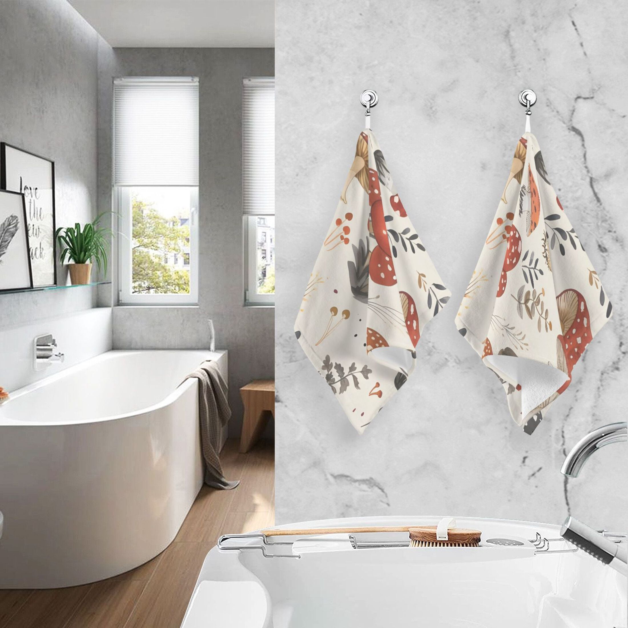 2 Pcs Hand Towel Set Mushroom Fallen Leaves Cotton Absorbent Soft Face Towels 400 GMS Bath Towels for Bathroom Kitchen Shower Hotel Decor 16"x28"