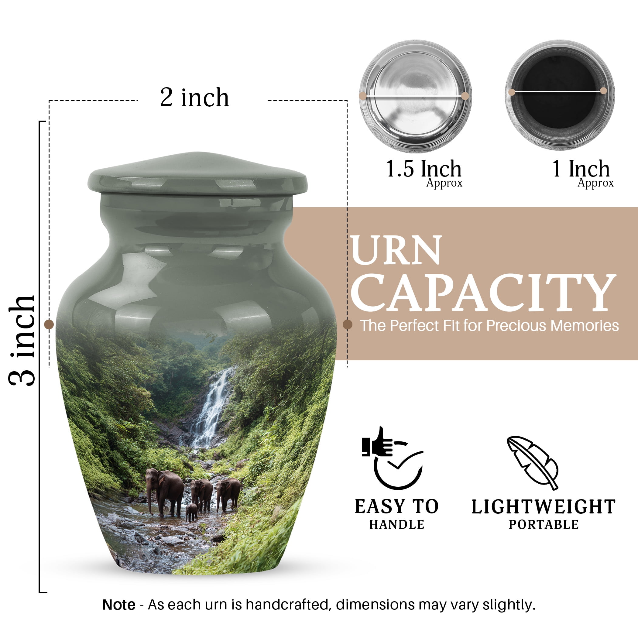 JAGSHASHI Elephant Keepsake Sharing Urn – Mini Green Cremation Urn for Human or Pet Ashes – Waterfall Small Memorial Token Urns with Velvet Box & Funnel – Memorial Tribute for Families (Green 3 Inch)