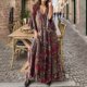 thumbnail image 2 of Gibobby Vestido largo de playa de verano para mujer Vestido largo bohemio de manga acampanada floral con cuello en V y cintura alta para vacaciones(Rojo,G), 2 of 5
