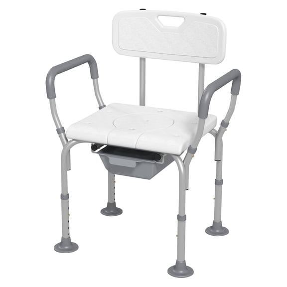 3-in-1 Shower Chair with Back and Arms,Height Adjustable Bedside Commode,Raised Toilet Seat with Non-Slip Rubber Foot Pad for Seniors,Disabled,White