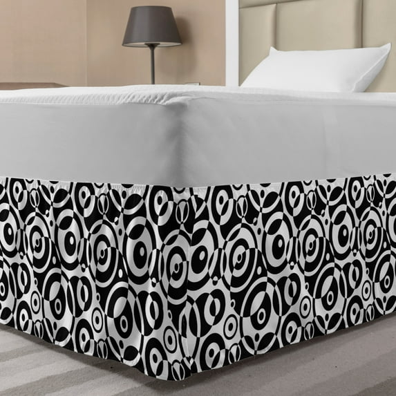 Black and White Bed Skirt, Circular Pattern Monochrome Dots with Bullseye Design Abstract Modern Art, Elastic Bedskirt Dust Ruffle Wrap Around for Bedding Decor, 4 Sizes, Black White, by Ambesonne